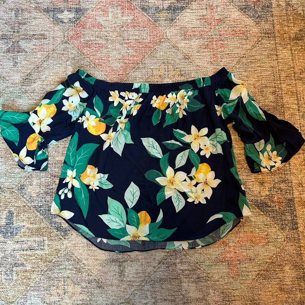 Old Navy Navy Floral Off-Shoulder Top with Yellow & Green Flowers